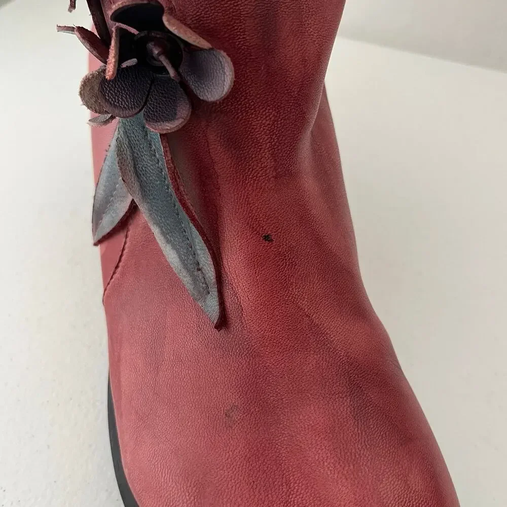 Socofy Rose Handmade Leather Ankle Boots 3D Floral Applique Artsy Size 40/9-9.5